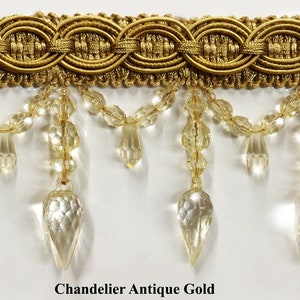 Antique Gold Designer Chandelier Bead Fringe Trim | Unique Beaded Decorators Home Decor Trim Decorative Beads | Drapery Trim  Lampshade Trim