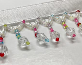 Iridescent Beaded Fringe Trim: Crystal Clear, Multicolor Accent - 1 1/4" Long