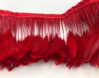 30% Off Red Stripped Coque Feathers on Tape | Elegant Rooster Tail Feathers for Craft, Evening Apparel & Accessories | Final Sale No Return