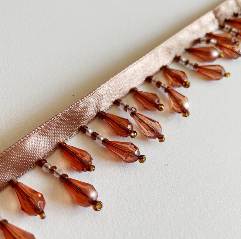 Sale Copper Penny Beaded Fringe Trim Accent Seed Beads in Clear & Brown Home Decor Pillow Lampshade Craft Project 1.5 Long Incl 3/8 Ribbon image 2