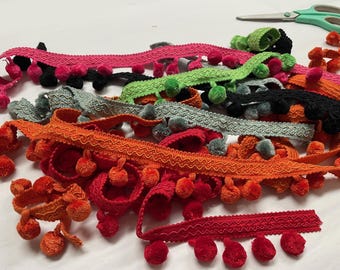 5-6 Yards Total Pom Pom Fringe Remnants in Various Colors of Chenille Craft Trim: All Pieces Are Under 1 Yard & Pom Poms are 3/4" Diameter