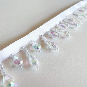 Iridescent Aurora Borealis Beaded Fringe Trim w/ Clear Luminescent Seed Beads Prism Decor Pillow Lampshade Craft 1.5" Long Incl. 3/8" Ribbon