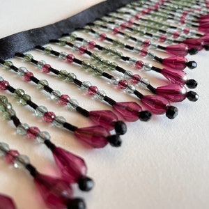 On Sale! Chic Ruby Nights Beaded Fringe Trim | 20% Off | Unique Beaded Variated Lengths of Ruby Burgundy Red, Rose Pink, Green & Clear Beads