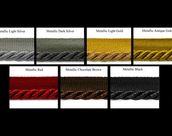 Metallic Lip Cord Trim | Designer Twisted Cording w/ Sheen & Lip Edge |  Upholstery Pillow Trimming or Cosplay  | 1/4" Edging in 7 Colors