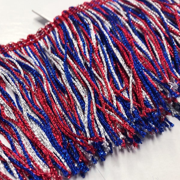 Metallic 4th of July Fringe Patriotic America Banner, Tablecloth Trim in Red, White (Silver) & Blue Election Day Decoration. Priced per Yard