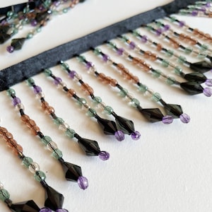 On Sale! Chic "Soft Ebony" Beaded Fringe Trim | 20% Off | Long Variated Lengths Strands of Black, Green & Purple Beads w/ Bugel Bead Accents