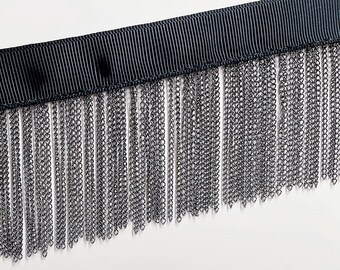 Metal Chain Fringe for Industrial Design Lamps, Clothing Trim & Home Decor in Gunmetal - Fine Dark Silvery Black Metal Chains