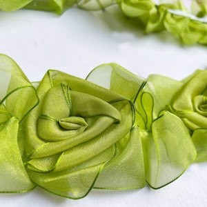 Organza Flower Trim in Lime Green | Rose Petal Chiffon Trimming | Wedding, Clothing Embellishment, Flowers | Ribbon Back w/ Elastic Stretch