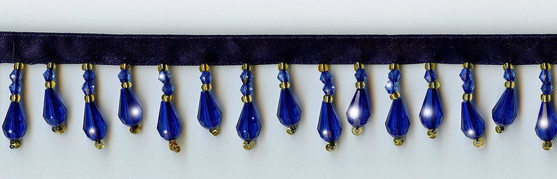 Royal Blue Beaded Fringe Trim w/ Gold Seed Accent Beads Cobalt Blue Home Decor Pillow Lampshade Craft Project 1.5 Long Incl. 3/8 Ribbon image 1