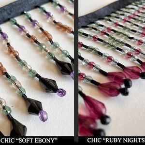 May include: Close-up of two beaded fringe samples. One features a mix of brown, green, purple, and clear beads with black accents, labeled "Soft Ebony." The other showcases pink and clear beads with black accents, labeled "Ruby Nights."