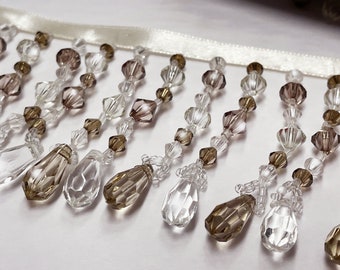 Taupe & Clear Teardrop Bead Fringe Trim: 3" Beaded Trimming