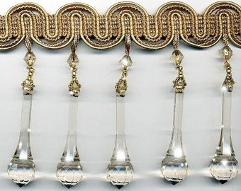 Ivory Venetian Pendant Beaded Fringe Trim | Long Clear Teardrop Pendants w/ Gold Accent Seed Beads Unique Home Decor Drapery Decorating