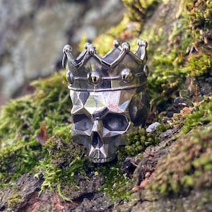 May include: A silver skull with a geometric design is wearing a silver crown with small round accents. The skull is sitting on a bed of green moss.