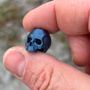 May include: A miniature dark blue skull figurine. The skull is held between two fingers, highlighting its detailed features. The skull has eye sockets, a nasal cavity, and teeth. The color is a deep, metallic blue.
