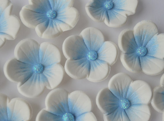 12 Edible White and Blue Blossom Flowers. Edible Sugar Flower Decorations.  Flower Cake Toppers. Edible Cupcake Flowers. 