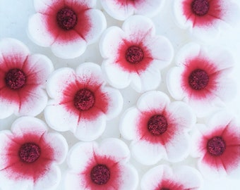 24 x Edible wedding cake flowers in red and white. White and red wedding cake blossoms / flowers.