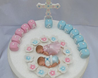 Edible twin baby boy and girl Christening Baptism cake decoration with edible cross PERSONALISED. Twin baby girl cake topper with cross.