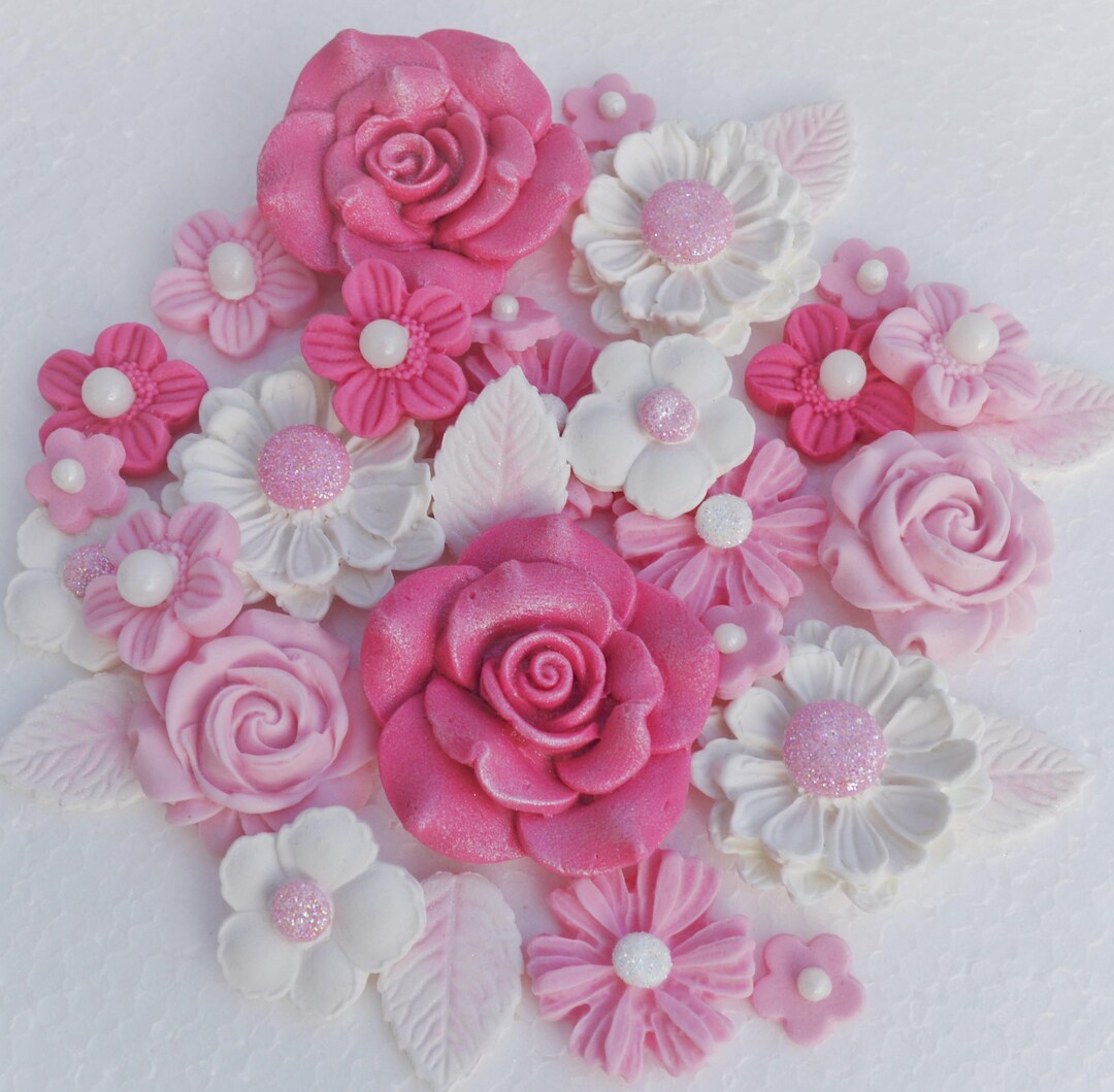 Edible Pink Christening Cake Flowers. Edible Pink Flower Bouquet Cake