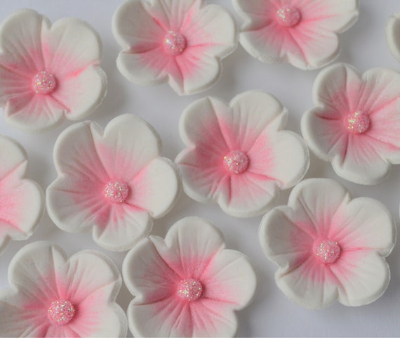 12 fiori commestibili bianchi e rosa. Decorazioni floreali in zucchero  commestibile. Topper per torte a fiori. Fiori di cupcake commestibili. -   Italia