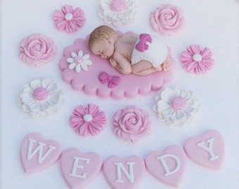 Edible personalized pink Baby Shower/ christening cake topper. Edible baby girl cake topper decoration.