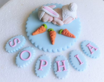 Edible personalised baby bunny Christening cake topper. Babys 1st birthdy edible cake topper. Animal cake topper