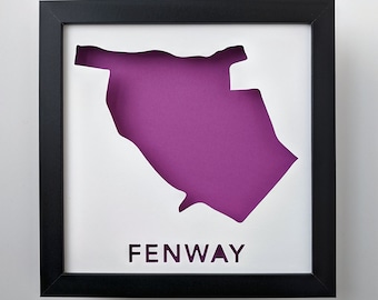 Fenway, Boston Neighborhood. Framed Cut Paper City Map Shadowbox Artwork