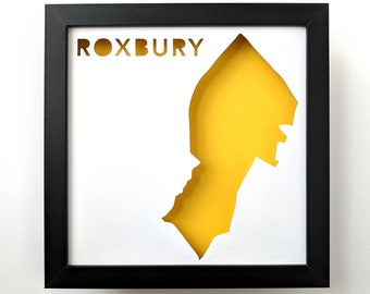 Roxbury, Boston Neighborhood. Framed Cut Paper City Map Shadowbox Artwork