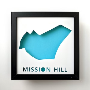 Mission Hill, Boston Nachbarschaft. Gerahmte geschnitten Papier Stadt Karte Shadowbox Kunstwerk