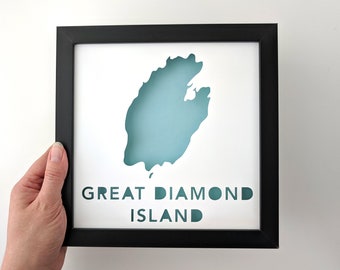 Great Diamond Island, Maine, carte en papier découpé, oeuvre d'art encadrée