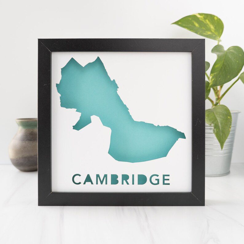Cambridge, MA. Framed Paper Place Map Silhouette Art image 1