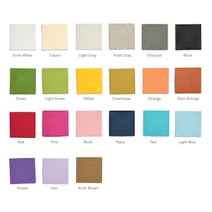 Peut inclure: Un nuancier avec 18 carr&eacute;s de couleurs diff&eacute;rentes. Les couleurs sont : Blanc Kraft, Cr&egrave;me, Gris clair, Gris Kraft, Charbon, Noir, Vert, Vert clair, Jaune, Chartreuse, Orange, Orange fonc&eacute;, Rouge, Rose, Blush, Marine, Sarcelle, Bleu clair, Violet, Lilas et Marron Kraft.