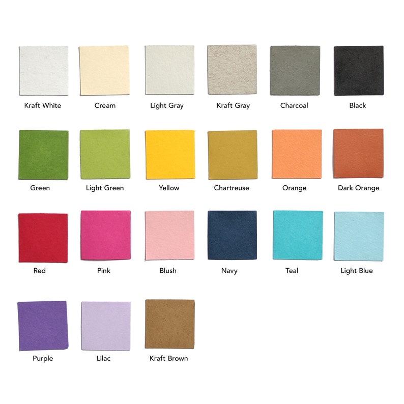 Peut inclure: Un nuancier avec 18 carr&eacute;s de couleurs diff&eacute;rentes. Les couleurs sont : Blanc Kraft, Cr&egrave;me, Gris clair, Gris Kraft, Charbon, Noir, Vert, Vert clair, Jaune, Chartreuse, Orange, Orange fonc&eacute;, Rouge, Rose, Blush, Marine, Sarcelle, Bleu clair, Violet, Lilas et Marron Kraft.