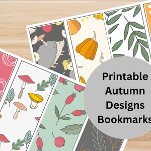 Puede incluir: Diseños de marcapáginas de otoño imprimibles con varios patrones que incluyen setas, hojas, calabazas y círculos. El texto "Printable Autumn Designs Bookmarks" se muestra en un círculo gris.