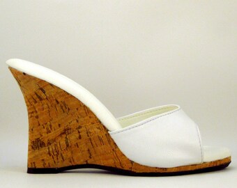 VIP 4 inch Handmade White Leather / Cork Mule High Heel Wedge Sandals Woman Slip on Shoes