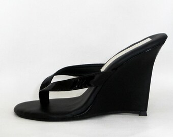 4 inch Handmade Black Patent Thick Thong Mule High Heel Wedge Foot Fetish Sandals Woman Shoes