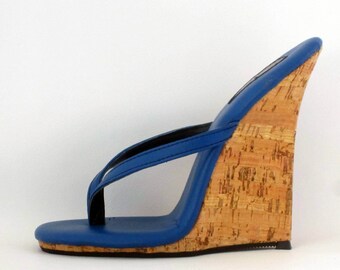5 inch Handmade Blue / Cork Thin Thong Mule High Heel Wedge Foot Fetish Sandals Woman Shoes
