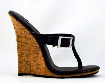 5 inch Handmade Black / Cork Buckle Drop Thong Mule High Heel Wedge Foot Fetish Sandals Woman Shoes
