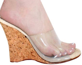 VIP 4 inch Handmade Clear / Cork Mule Slip On High Heel Wedge Sandals Woman Shoes