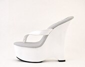 6 inch Handmade White Thick Thong Mule Wedge High Heel Sandal Platform Women Foot Fetish Shoes