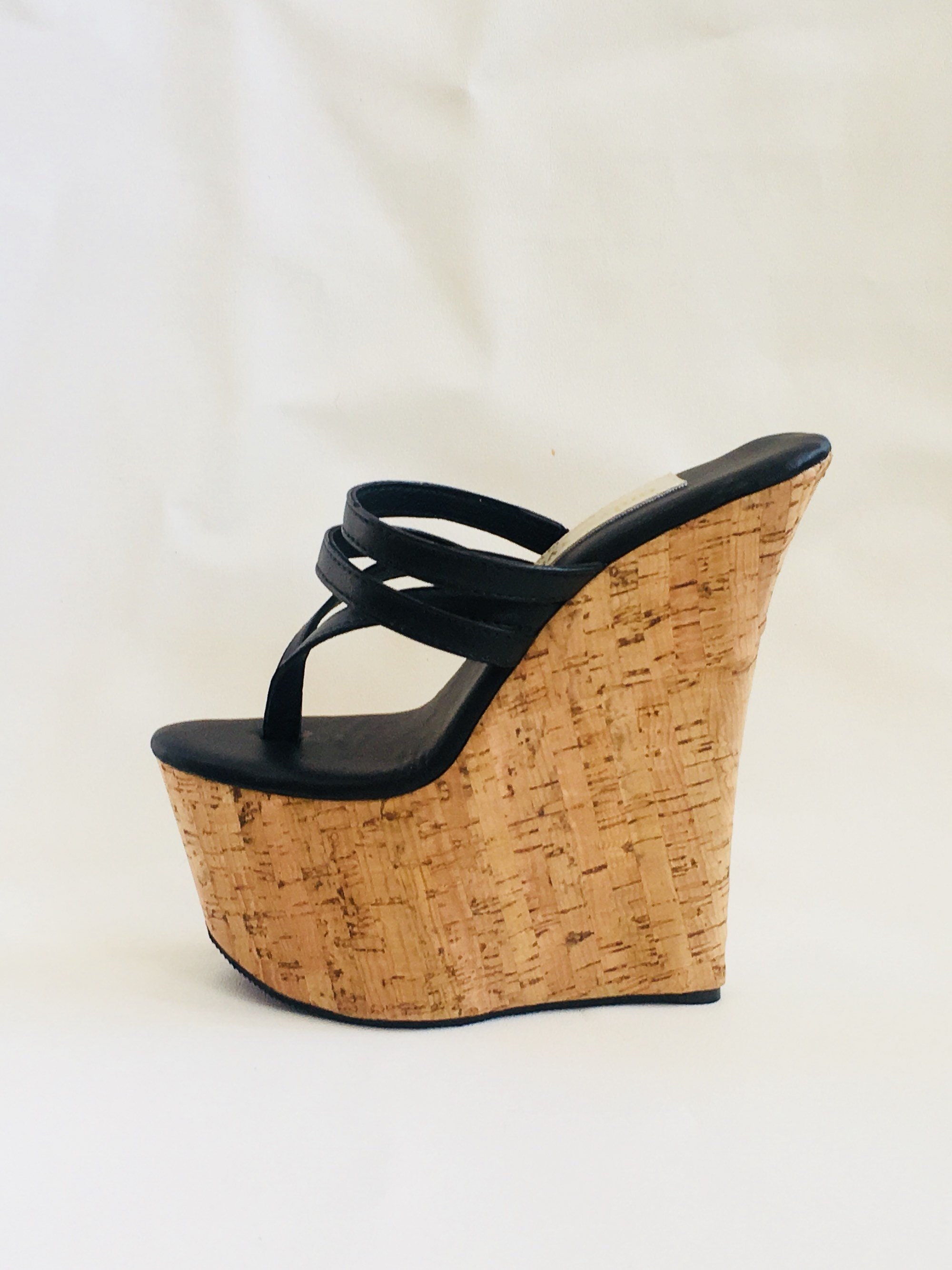 7 Inch Black Cork Double Strap Thong Mule Wedge High Heel Platform Woman Foot Fetish Shoes Etsy