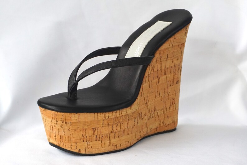 6 inch Black Leather / Cork Thin Thong Mule High Heel Wedge | Etsy