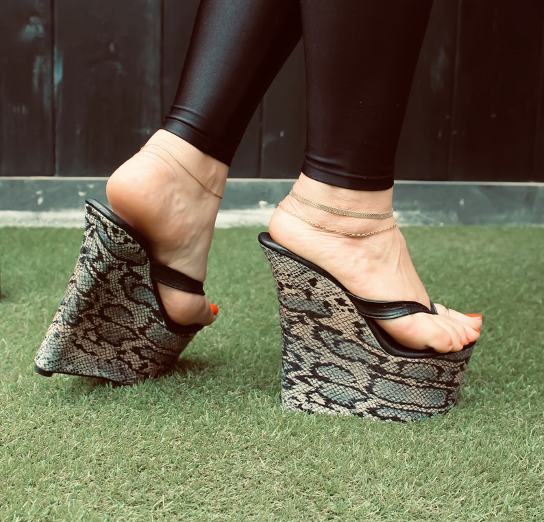 7 inch Black Leather / Snake Print Thong Mule Wedge High Heel Etsy