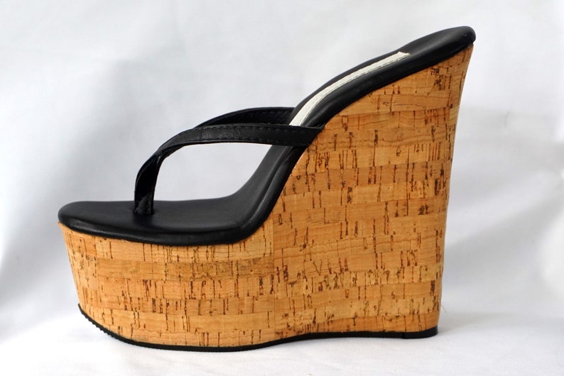 6 inch Black Leather / Cork Thin Thong Mule High Heel Wedge | Etsy