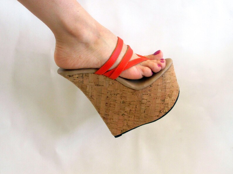 7 inch Orange / Cork Double Strap Thong Mule Wedge High Heel Etsy