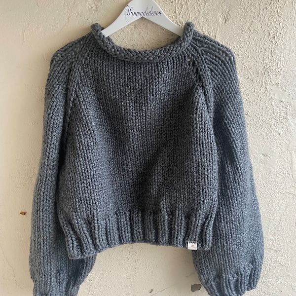 Chunky Knit Grey Jumper - oversized crop fit - knitted jumper - super chunky - steel grey - Handmade jumper - plus size handmade