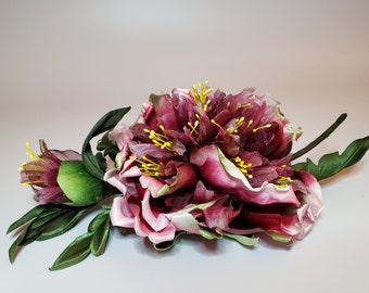 BURGUNDY PEONY with BUD, Satin and Organza Flower Peony, Textile Burgundy Peony Pin