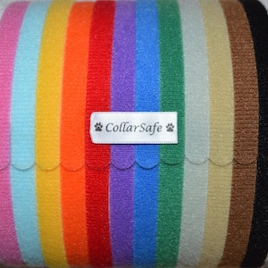 May include: A variety pack of colorful and neutral colored hook and loop fastener tape with the brand name "CollarSafe" printed on a white label.