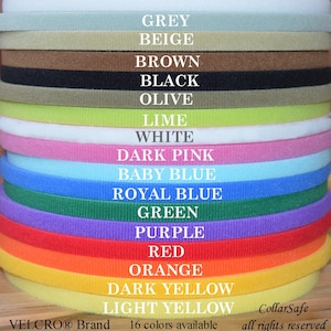 May include: A stack of colorful VELCRO® Brand strips in various shades, including grey, beige, brown, black, olive, lime, white, dark pink, baby blue, royal blue, green, purple, red, orange, dark yellow, and light yellow. The text "16 colors available" is visible.