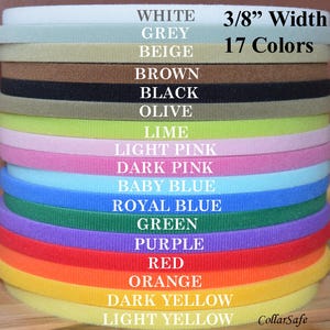 May include: A stack of seventeen strips of Velcro brand hook and loop fastener tape, each measuring 3/8 inch in width. The colors include white, grey, beige, brown, black, olive, lime, light pink, dark pink, baby blue, royal blue, green, purple, red, orange, dark yellow, and light yellow.