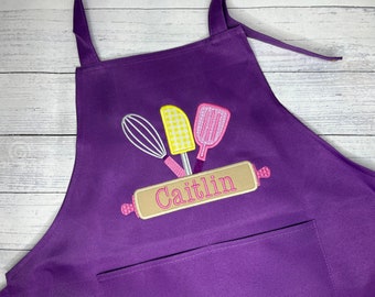 Girls/Boys Personalised embroidered Kids Purple apron size 3-6 and 7-13 years - Little chef or child birthday gift - free shipping to canada